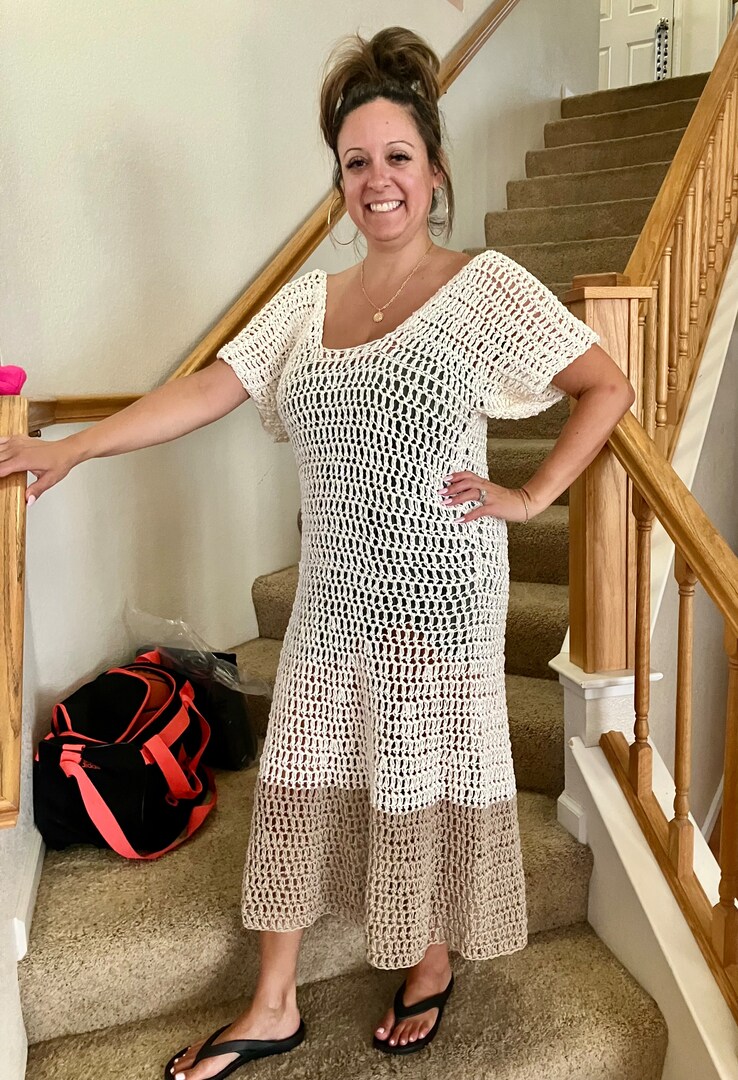 Crocheted Maxi Dress Bathing Suit Cover-Up One-Of-A-Kind. Hand-Crochet Size Medium Cream Color with Dark Brown | MakerPlace by Michaels Crocheted Maxi Dress Bathing Suit Cover-Up One-Of-A-Kind. Hand-Crochet Size Medium Cream Color with Dark Brown | MakerPlace by Michaels